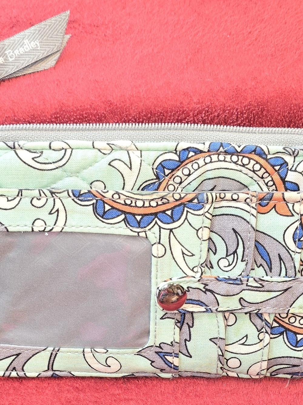 Vera Bradley Mint Paisley Quilted ID Wallet with Blue and Orange Accents